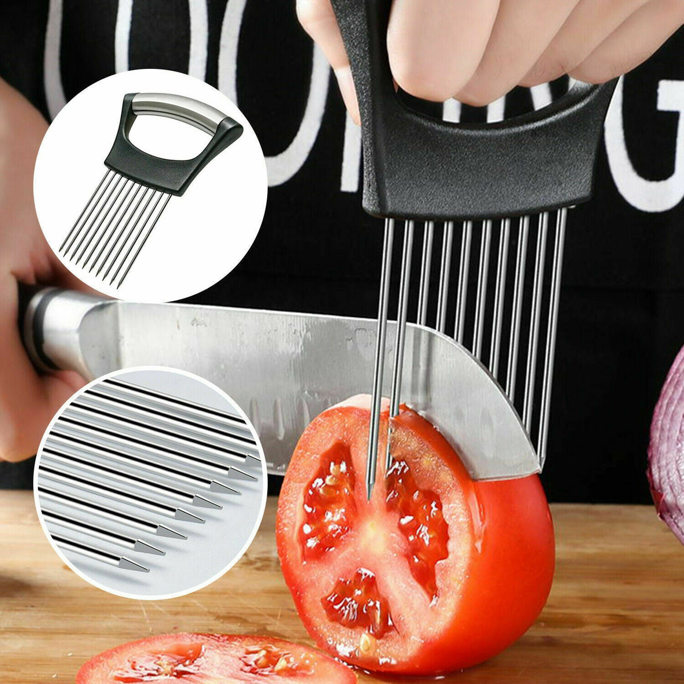 Food Slice Assistant - Stainless Steel Onion Holder Slicer Tomato Cutter NonSlip null
