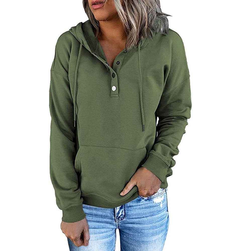 Long-sleeved Hooded Sweatshirt With Pockets Fashion Casual Button Drawstring Design Hoodie Top Spring And Autumn Sports Clothing For Women null