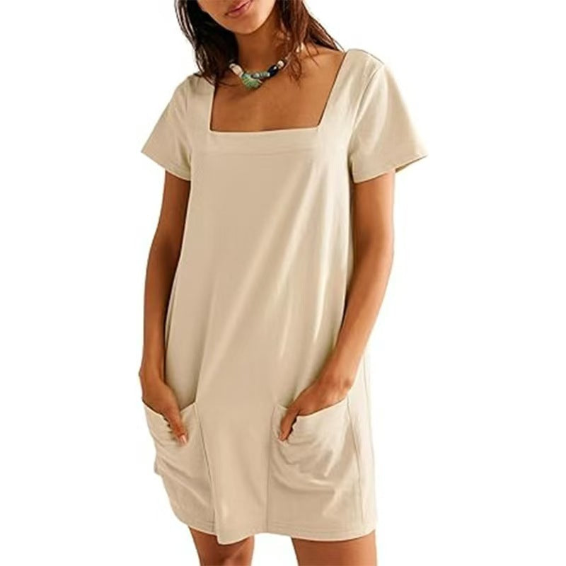 Women's Square Collar Short Sleeve Fashion Short Skirt Pocket Casual Dress null