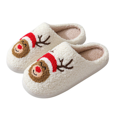 Christmas Home Slippers Cute Cartoon Santa Claus Cotton Slippers For Women And Men Couples Winter Warm Furry Shoes null