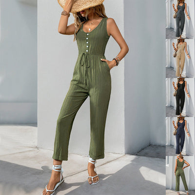 V-neck Sleeveless Jumpsuit With Belt And Pockets Summer Fashion Beach Pants Women's Clothing null