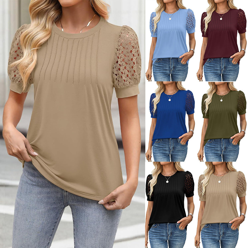 Round Neck Short Sleeve Loose T-shirt Lace Stitching Coat null