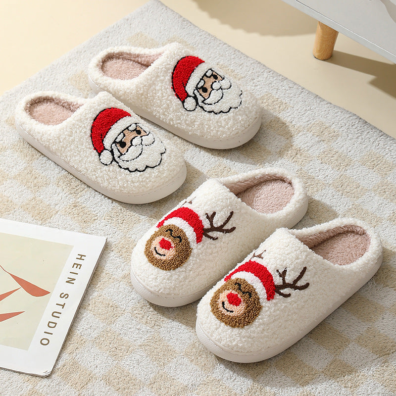Christmas Home Slippers Cute Cartoon Santa Claus Cotton Slippers For Women And Men Couples Winter Warm Furry Shoes null