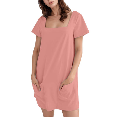 Women's Square Collar Short Sleeve Fashion Short Skirt Pocket Casual Dress null