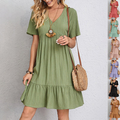 V-neck Short Sleeve Dress Summer Fashion Casual Loose Ruffled Dresses Beach Clothing Women null