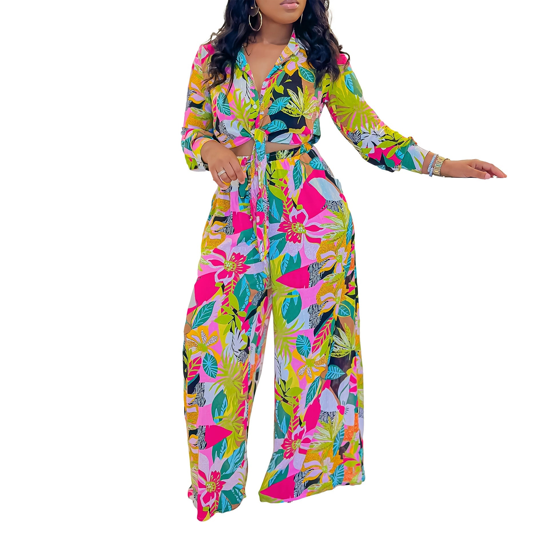 Lapel Lace-up Shirt Wide-leg Pants Suit null