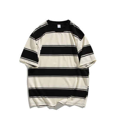 Cotton Round Neck Striped Off-shoulder Short Sleeve null