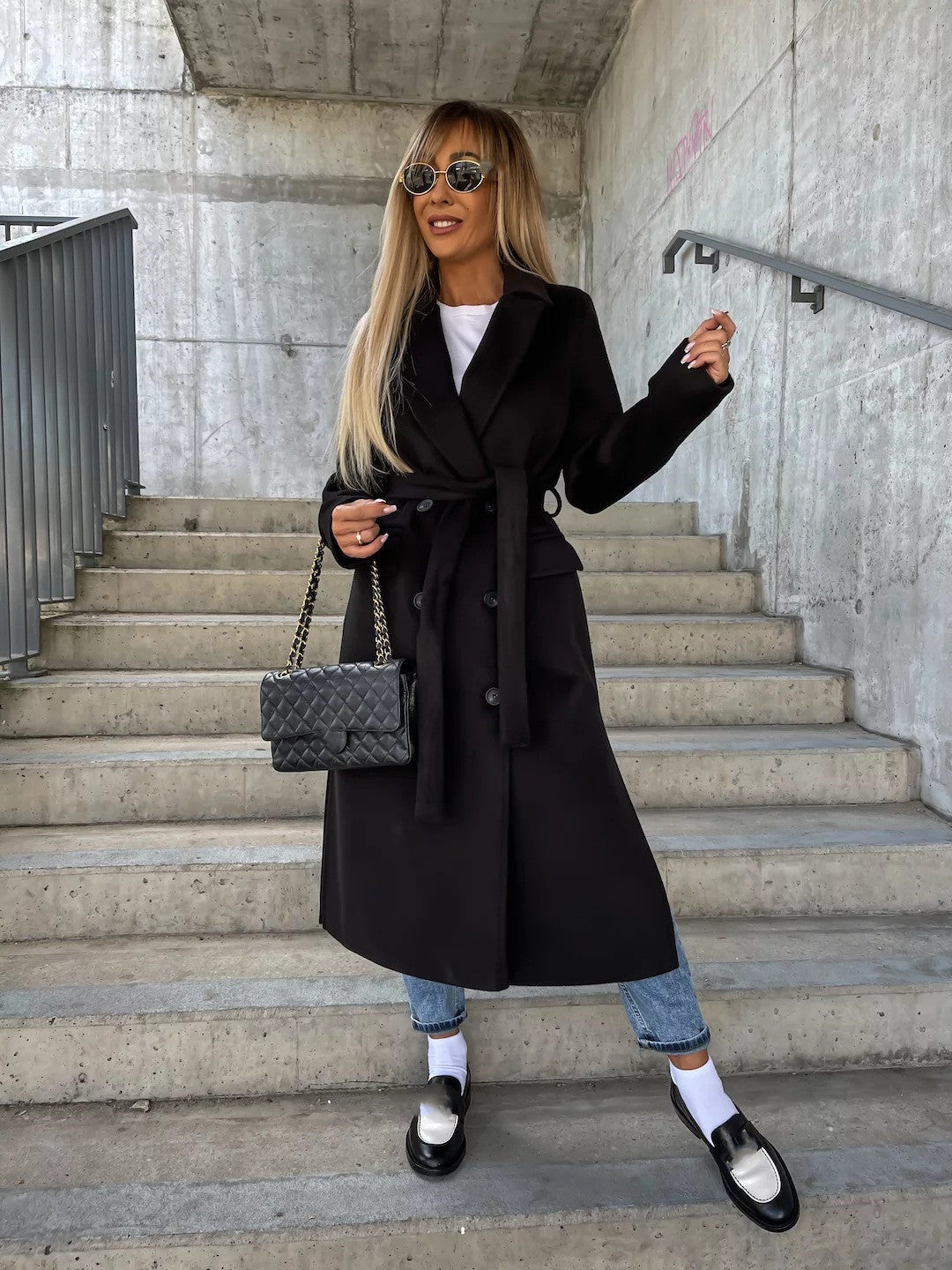 Double-breasted Lapel Split Jacket With Belt Winter Fashion Casual Long Sleeve Button Daily Coats For Women Clothing null