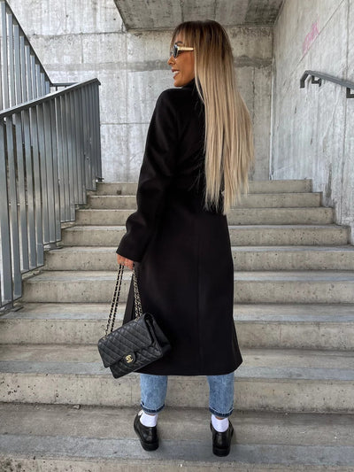 Double-breasted Lapel Split Jacket With Belt Winter Fashion Casual Long Sleeve Button Daily Coats For Women Clothing null