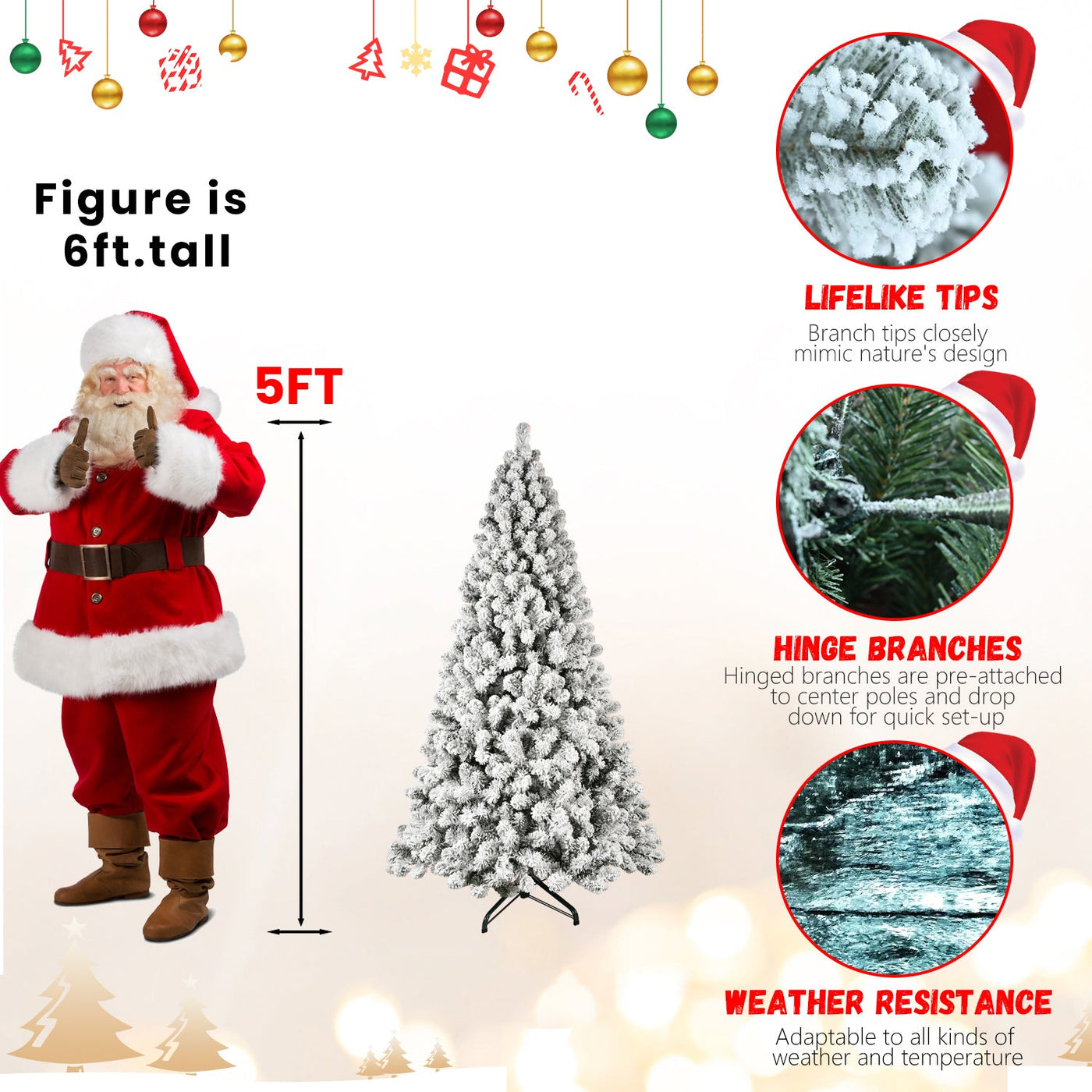 5ft 6ft 8ft 9ft Pre-Lit Flocked Christmas Tree Hinged Artificial Xmas Trees Premium PVC Branches With Lights null
