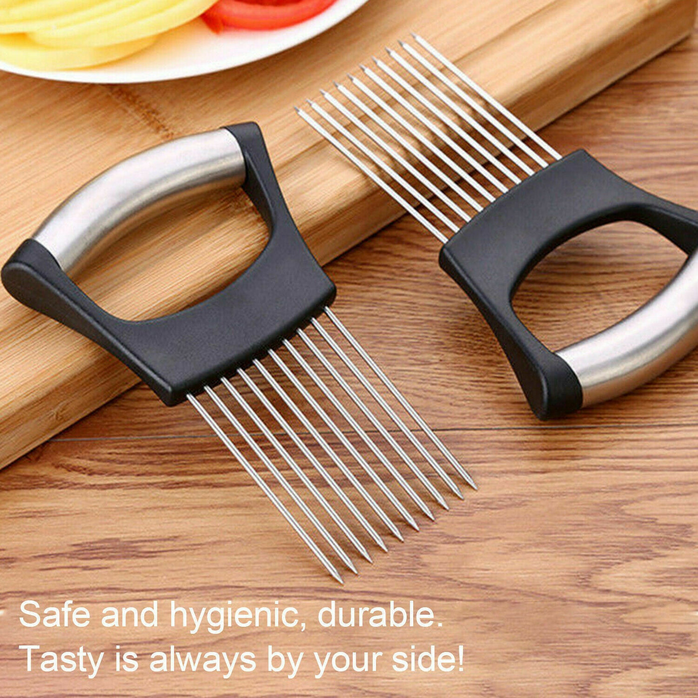 Food Slice Assistant - Stainless Steel Onion Holder Slicer Tomato Cutter NonSlip null