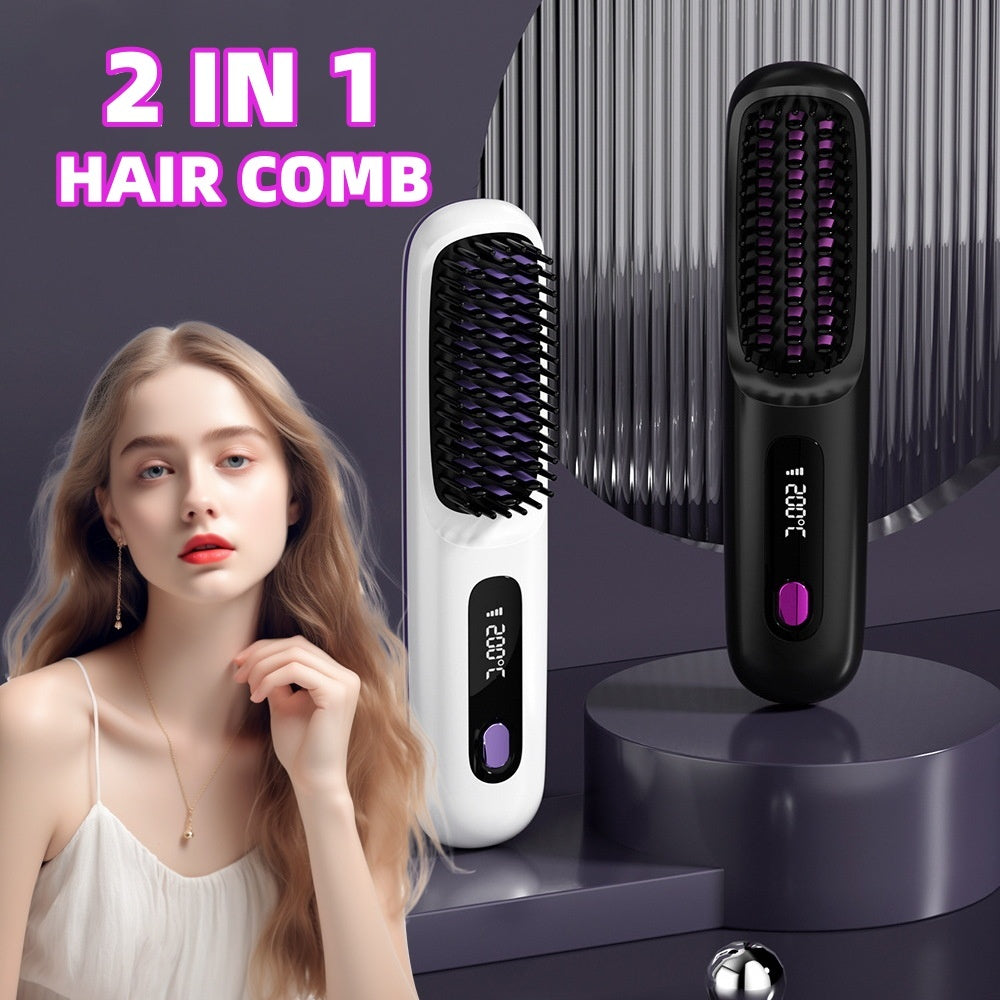 2 In 1 Straight Hair Comb Wireless Hair Straightener Brush Hair Fast Heating Portable Hot Curler USB Charging null