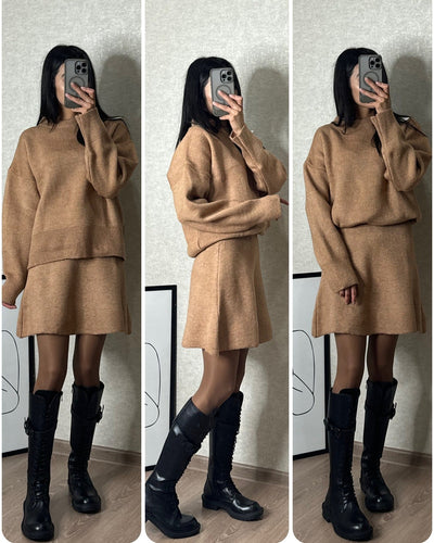 Sweater Skirt Sets For Women 2 Pieces Knit Casual Versatile Long Sleeve Pullover Elegant Solid High Waist Mini Skirt Outfit null