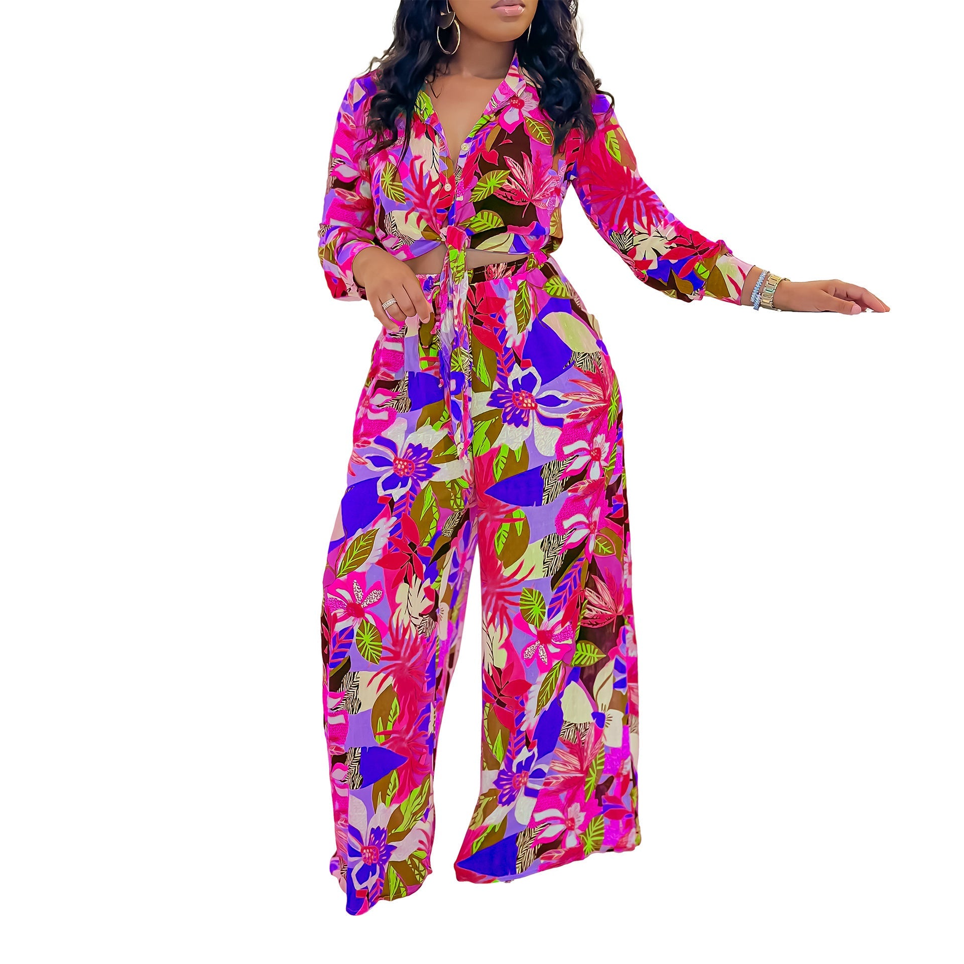 Lapel Lace-up Shirt Wide-leg Pants Suit null