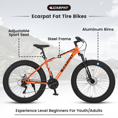 S26109 26 Inch Fat Tire Bike Adult-Youth Full Shimano 21 Speed Mountain Bike, Dual Disc Brake, High-Carbon Steel Frame, Front Suspension, Mountain Trail Bike, Urban Commuter City Bicycle null