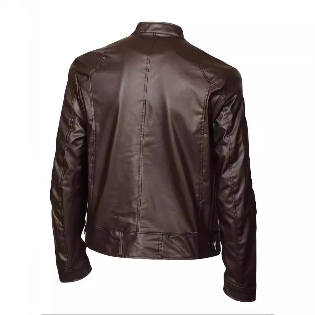 Men's Stand-up Collar Slim Fit Leather Jacket Zipper Pocket Decoration null