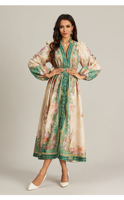 Special Interest Design Style V-neck Vintage Printed Maxi Dress For Women null