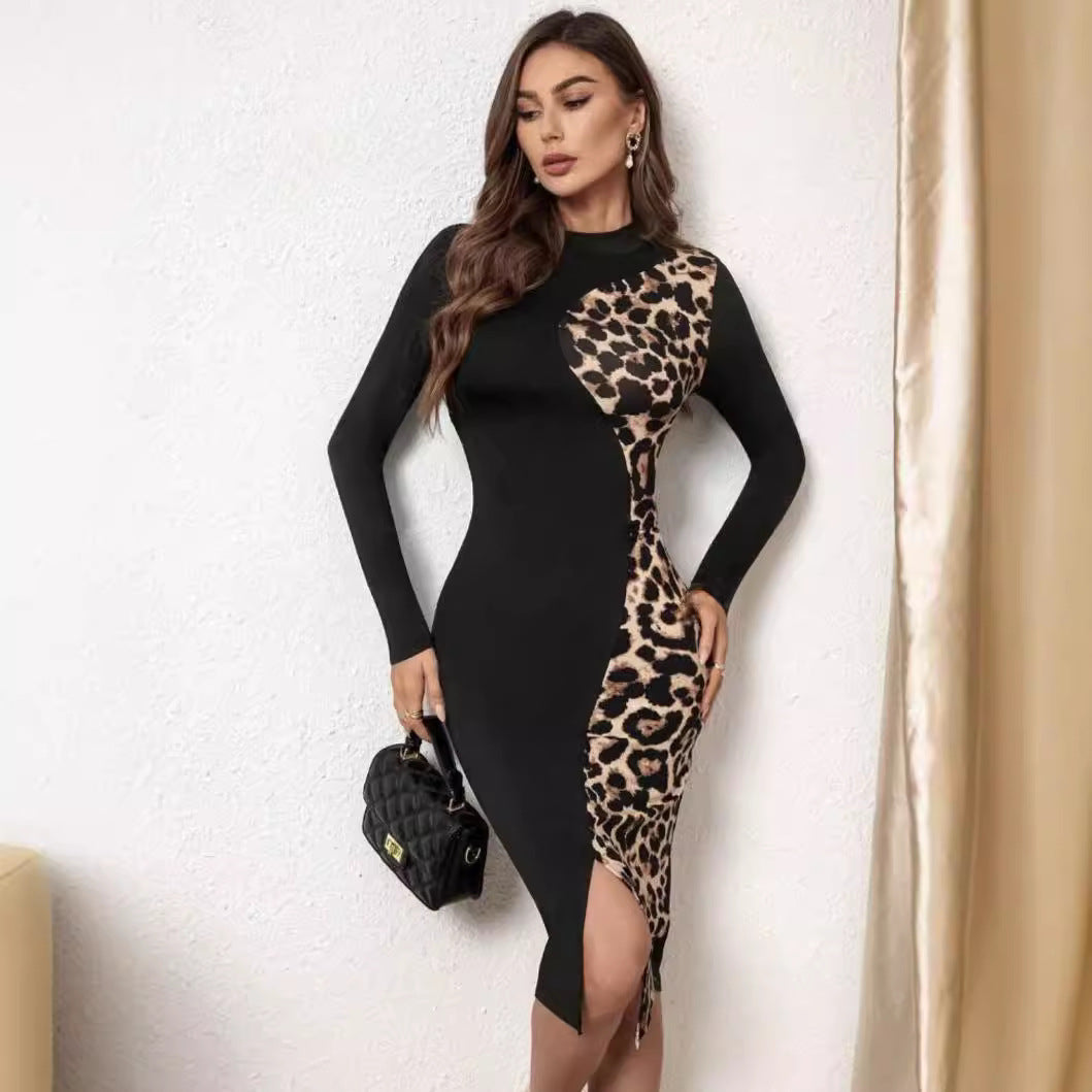 European And American Semi-formal Dress Fashion Slim-fit Sheath Leopard Splicing null