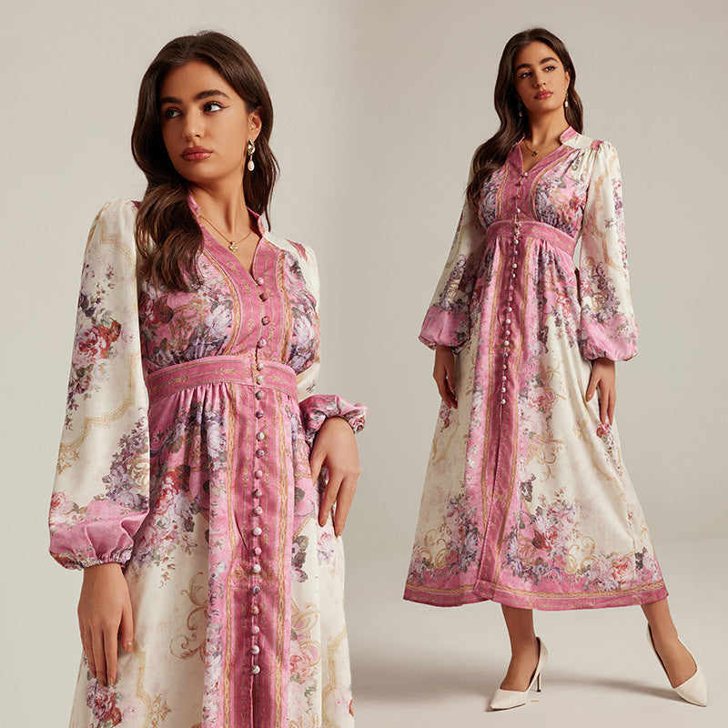 Special Interest Design Style V-neck Vintage Printed Maxi Dress For Women null