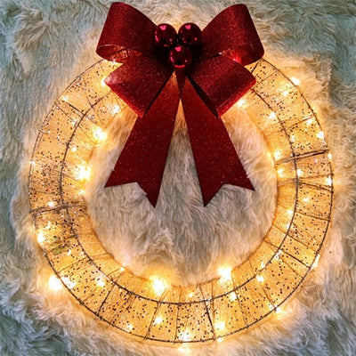 Christmas Garland 50CM Luminous LED Warm Light Metal Luminous Wreath With Big Bowknot Christmas Front Door Home Holiday Party Door Hanging Decor null