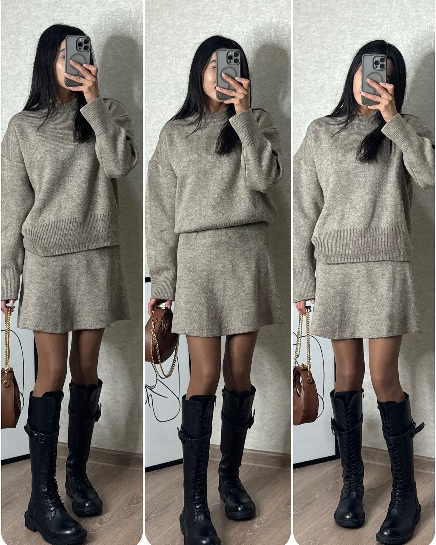 Sweater Skirt Sets For Women 2 Pieces Knit Casual Versatile Long Sleeve Pullover Elegant Solid High Waist Mini Skirt Outfit null