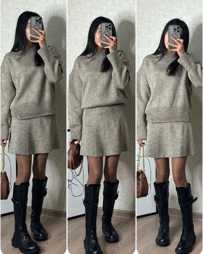 Sweater Skirt Sets For Women 2 Pieces Knit Casual Versatile Long Sleeve Pullover Elegant Solid High Waist Mini Skirt Outfit null