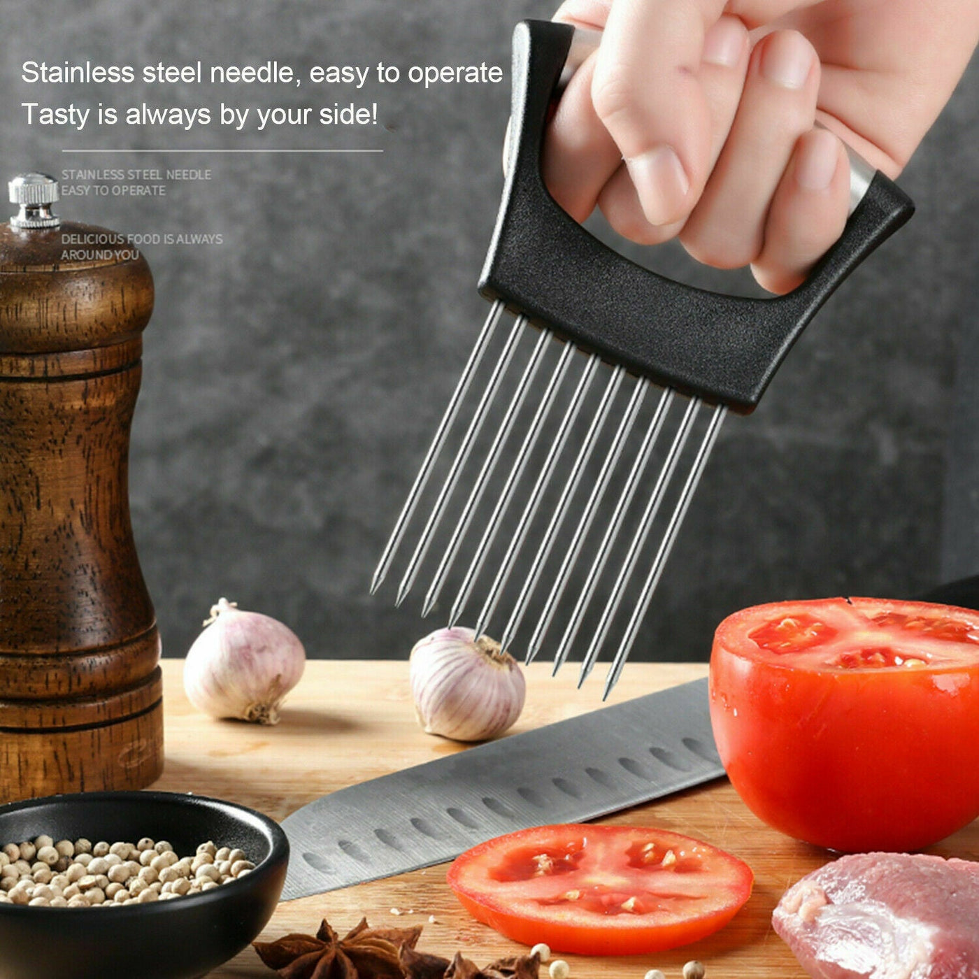 Food Slice Assistant - Stainless Steel Onion Holder Slicer Tomato Cutter NonSlip null