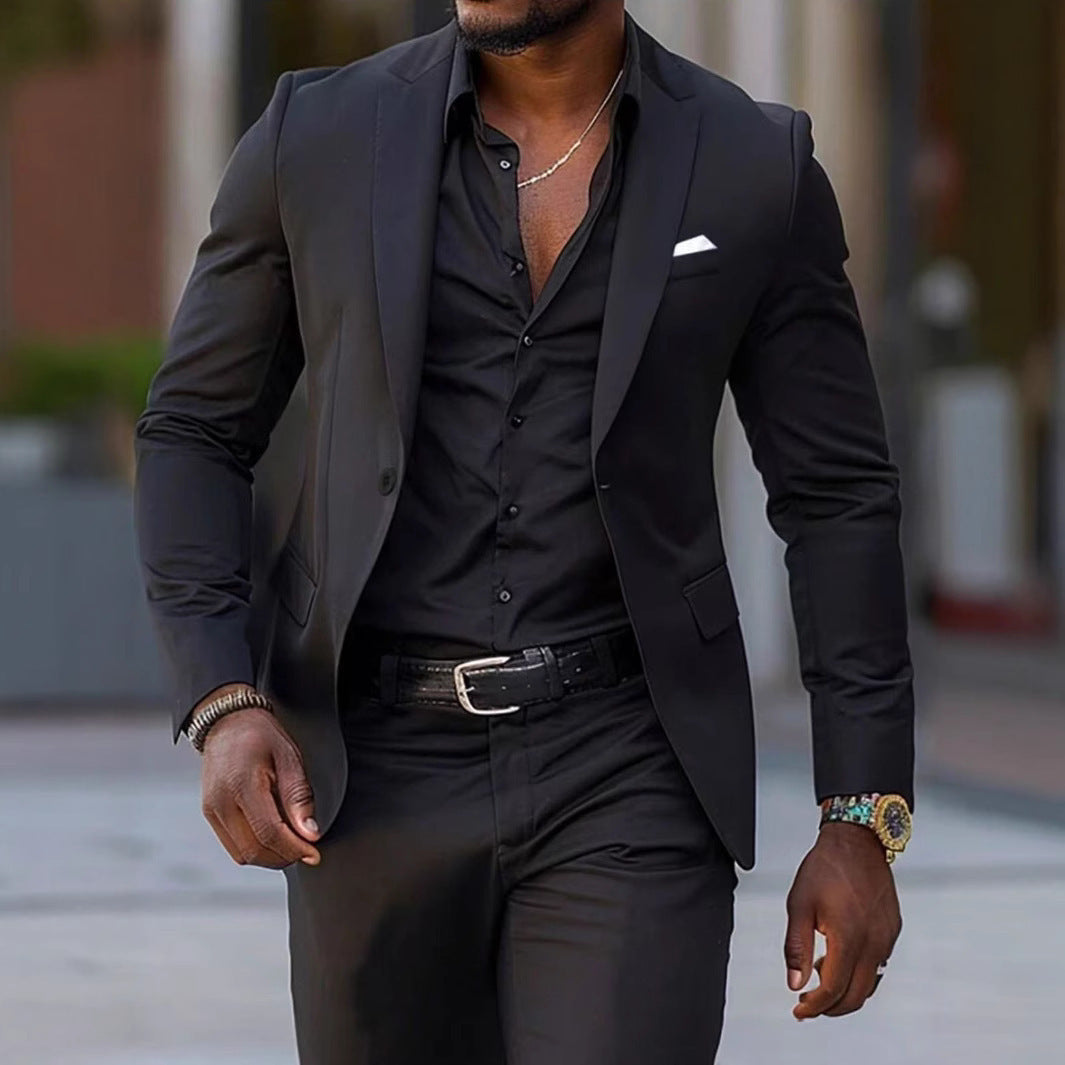 Two-piece Solid Color Slim-fit Coat Suit Pants null