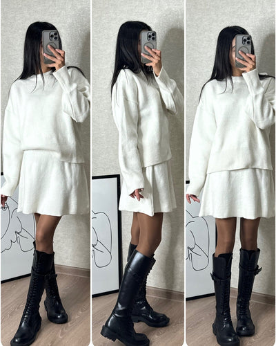 Sweater Skirt Sets For Women 2 Pieces Knit Casual Versatile Long Sleeve Pullover Elegant Solid High Waist Mini Skirt Outfit null