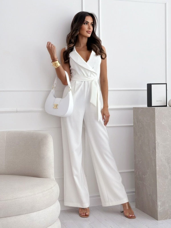 V-neck Sleeveless Jumpsuit With Belt Design Summer Fashion Trousers Women's Clothing null