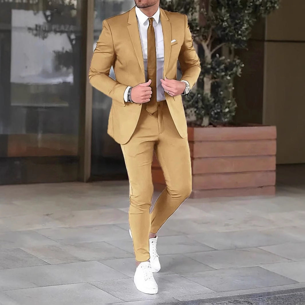 Two-piece Solid Color Slim-fit Coat Suit Pants null